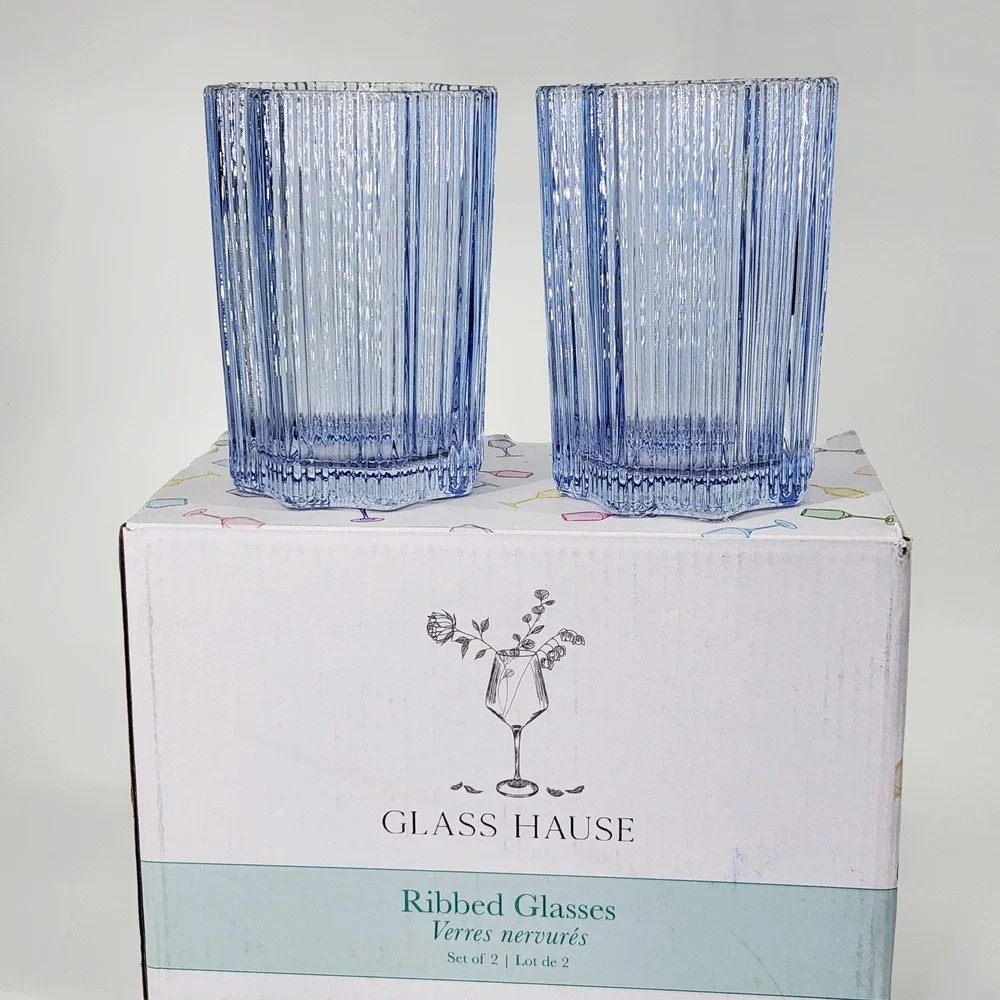 Glass Hause Ribbed Glasses Set of 2 Blue Scalloped Rim Highball Tumblers New